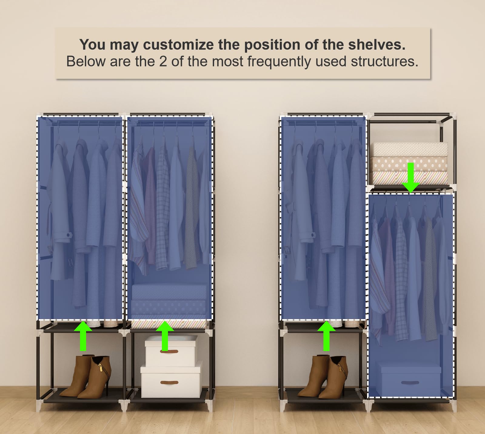 MOGELAFOO closet with double hanging rods offers flexible garment storage.