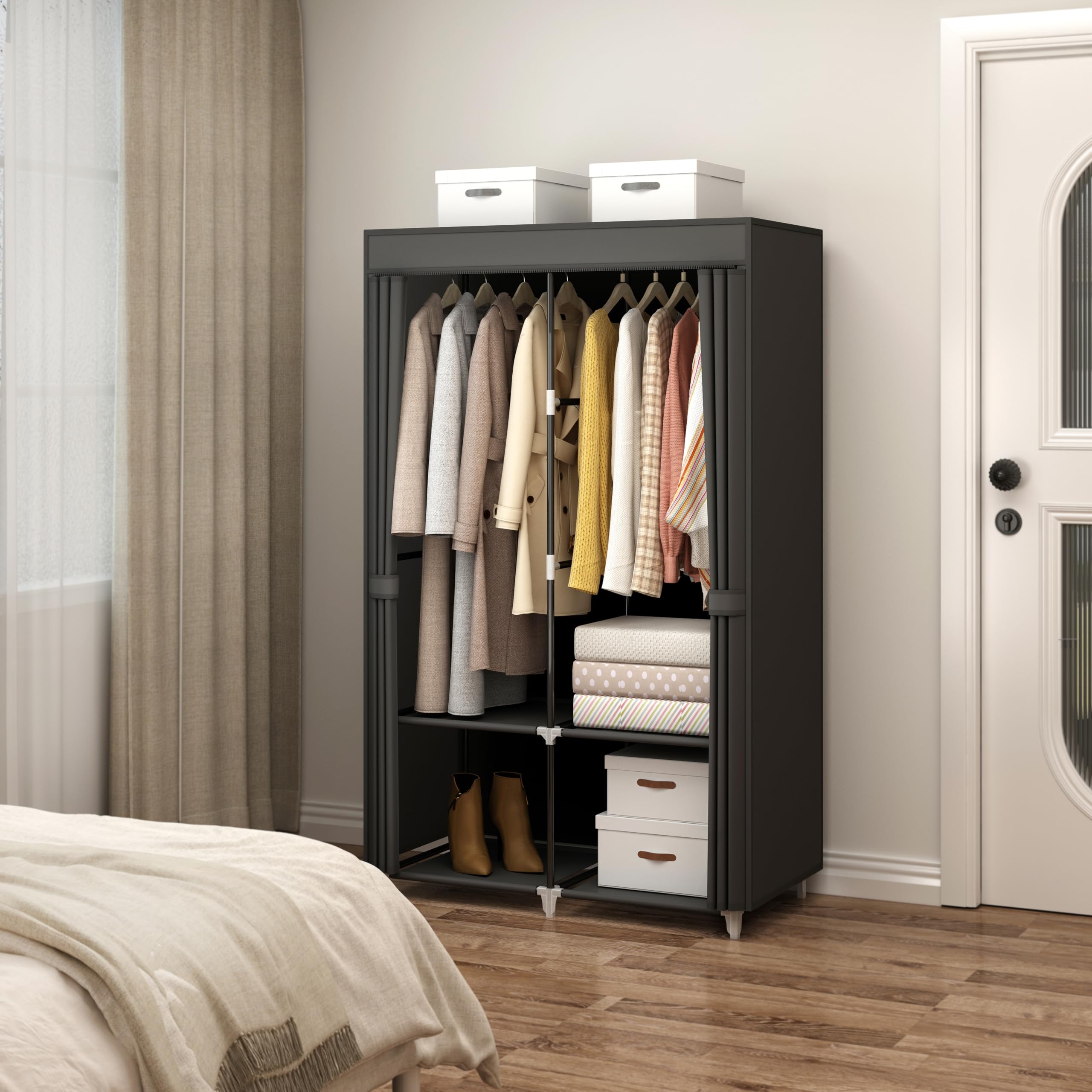 MOGELAFOO closet with four shelves stores folded items efficiently.