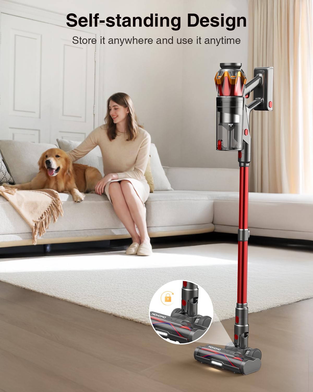 Mohomo cordless vacuum anti-tangle brush reduces hair snag on carpets.