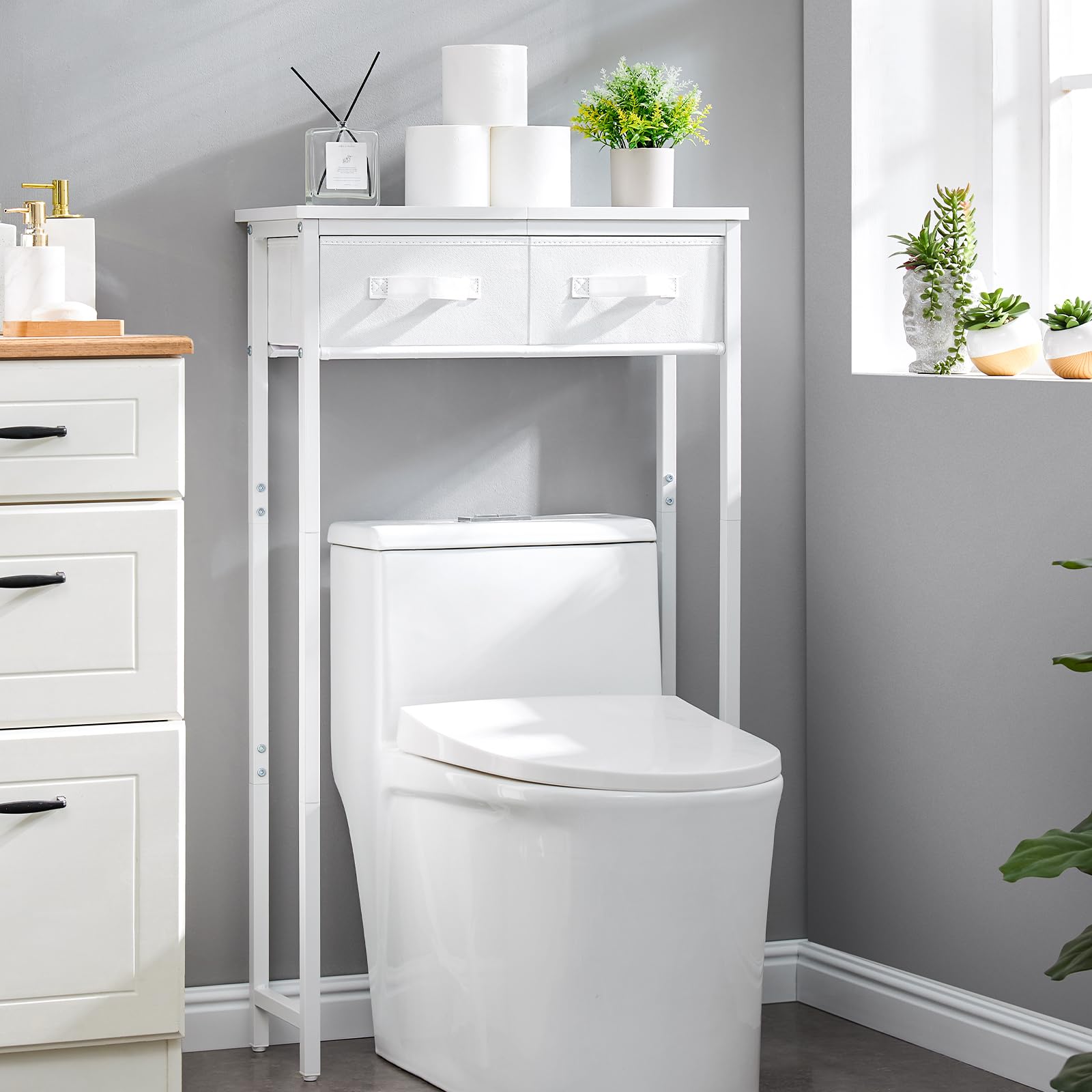 MOHOPE fabric drawer close-up displays concealed storage for towels and toiletries