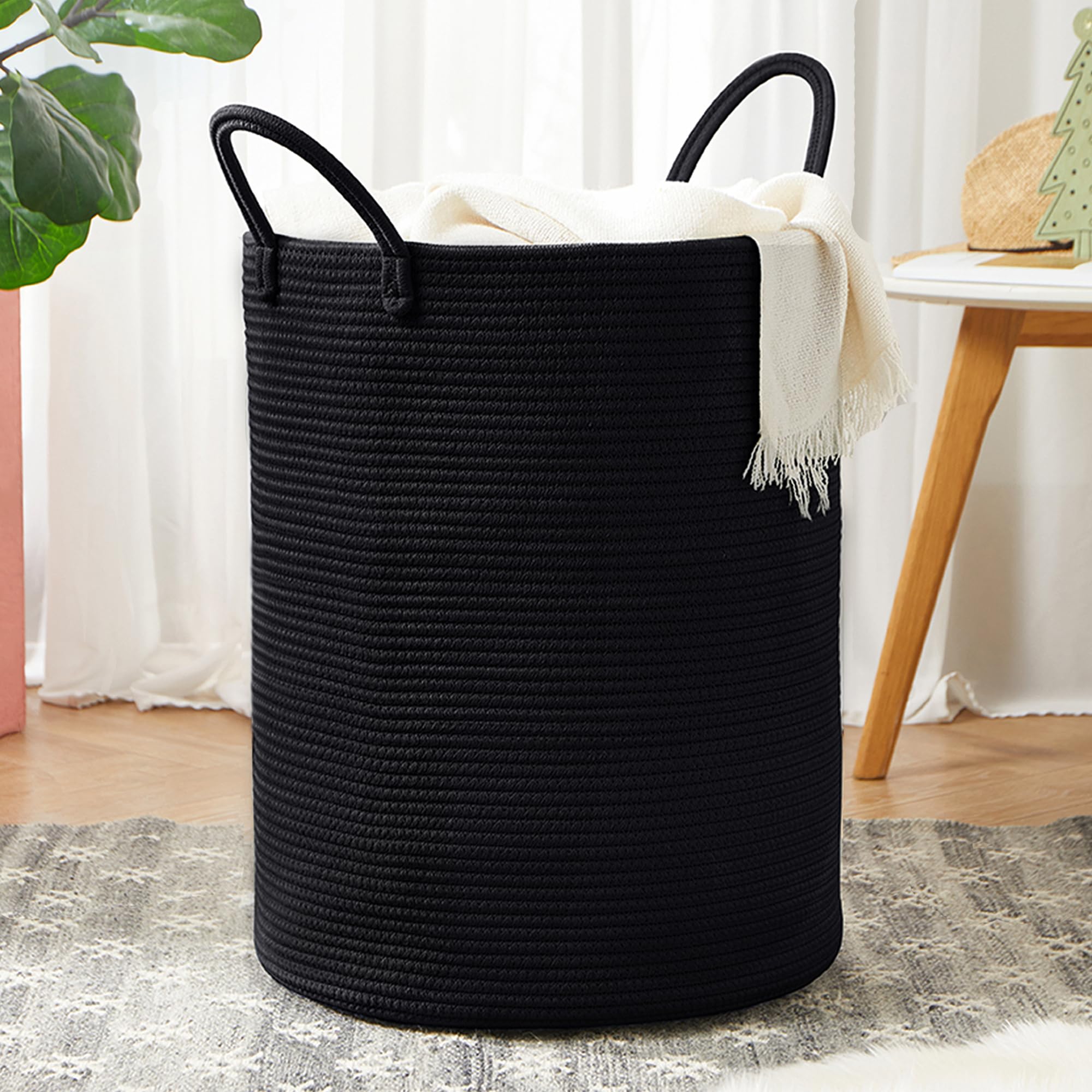 MOJOSCEND 60L laundry hamper with black rope, spacious clothes storage and elegant look