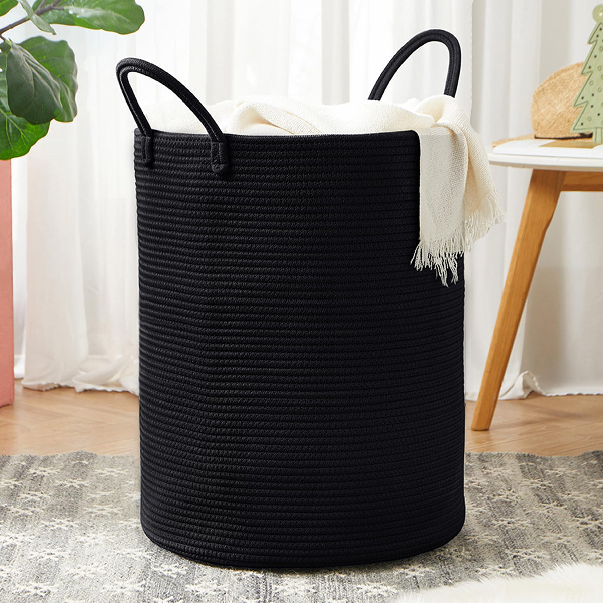 MOJOSCEND 60L laundry hamper with black rope, spacious clothes storage and elegant look