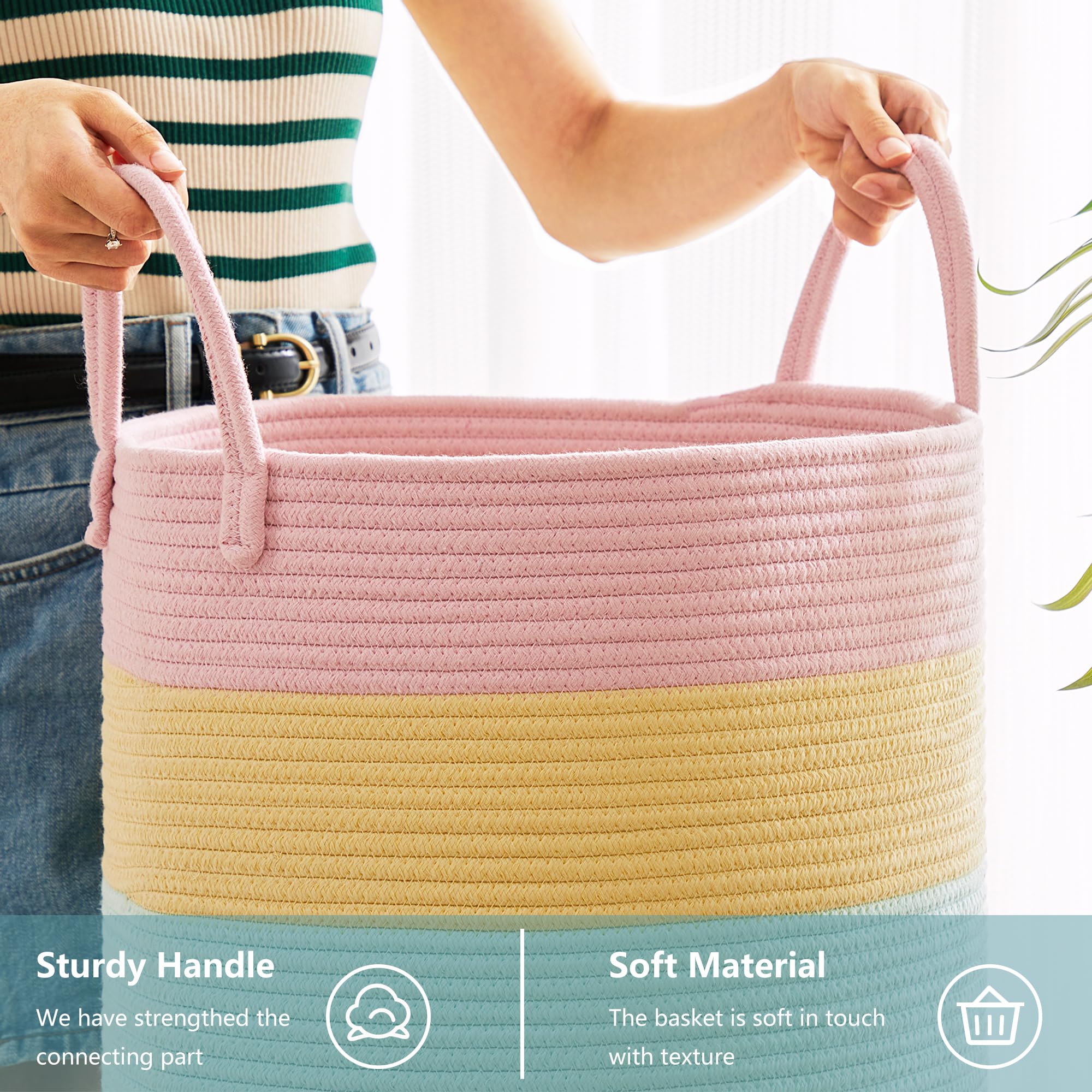 MOJOSCEND rainbow laundry hamper durable cotton rope construction feels soft yet sturdy.