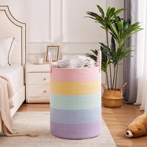 MOJOSCEND rainbow laundry hamper folds flat for compact storage when not in use.