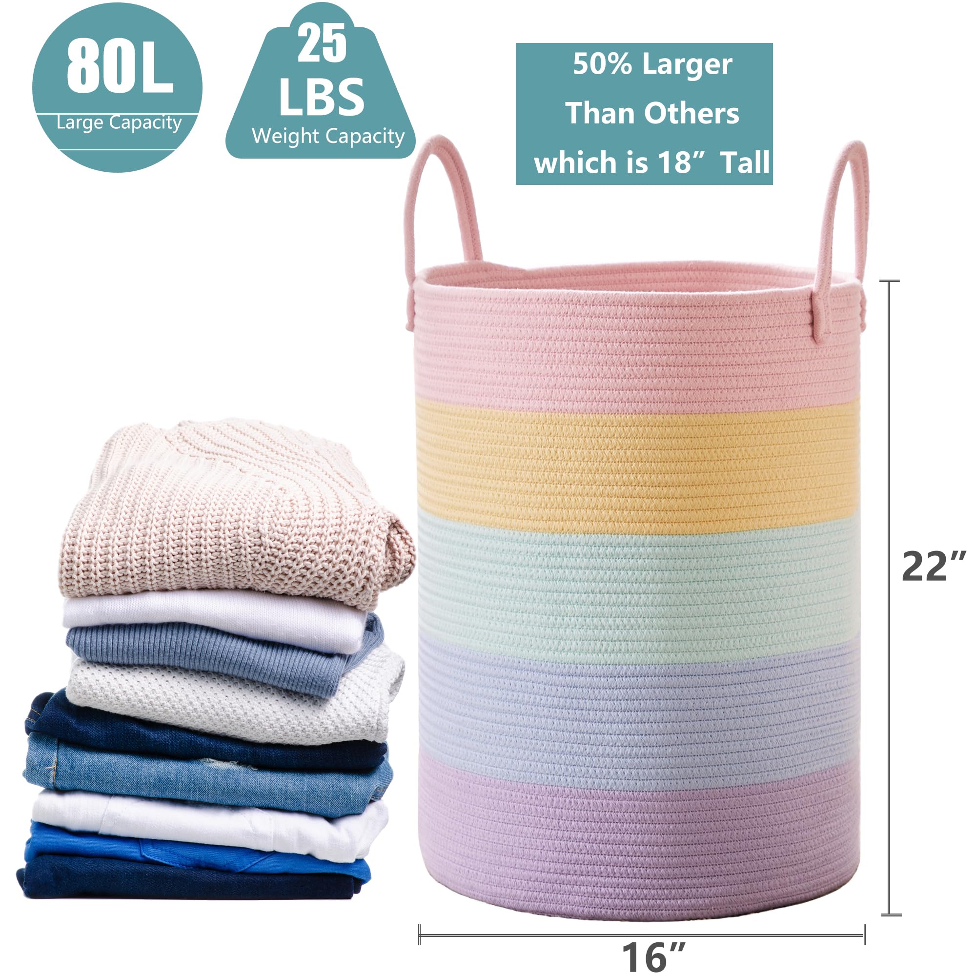 MOJOSCEND rainbow laundry hamper soft, sturdy handles for carrying when full.