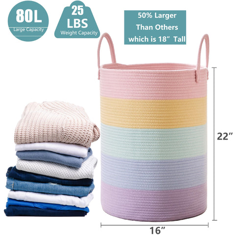 MOJOSCEND rainbow laundry hamper soft, sturdy handles for carrying when full.