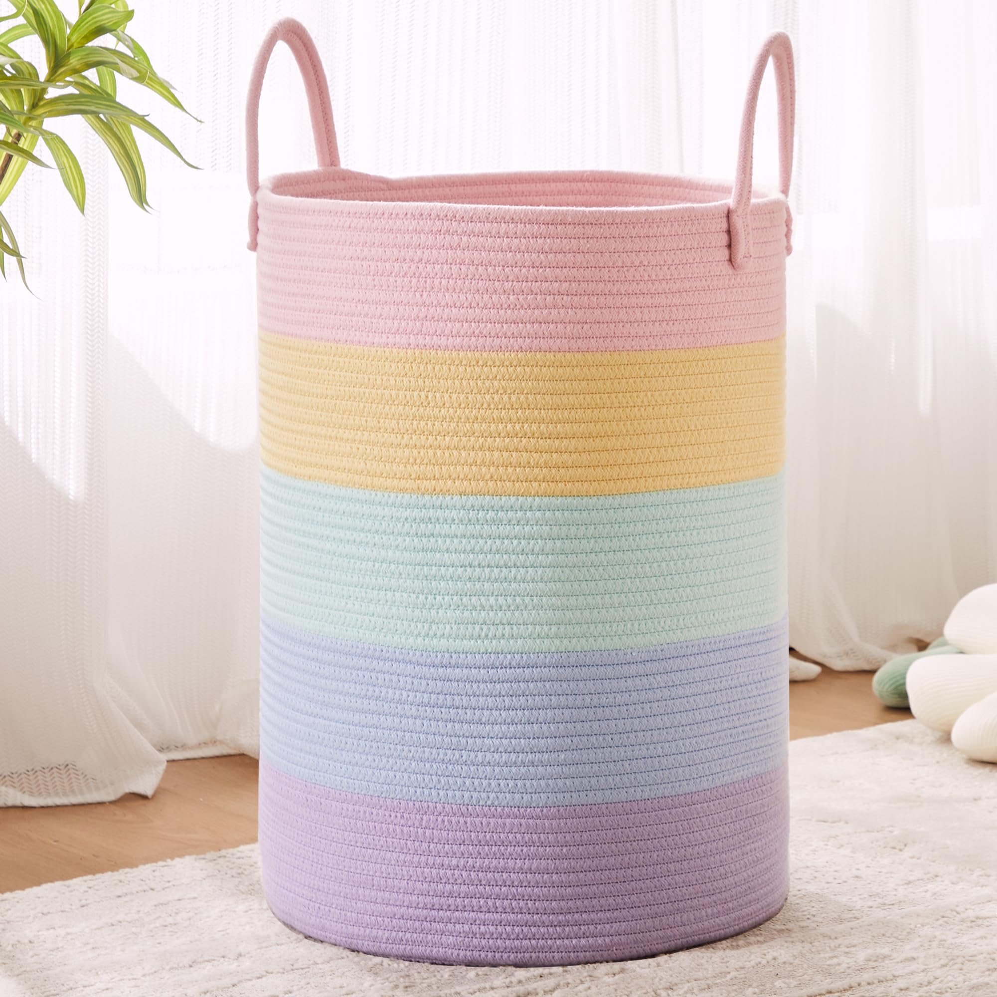 MOJOSCEND rainbow laundry hamper large capacity for blankets, toys, and clothes.