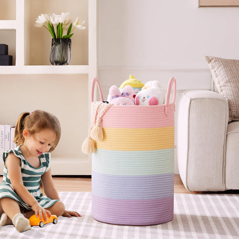 MOJOSCEND rainbow laundry hamper with open top for easy laundry loading.