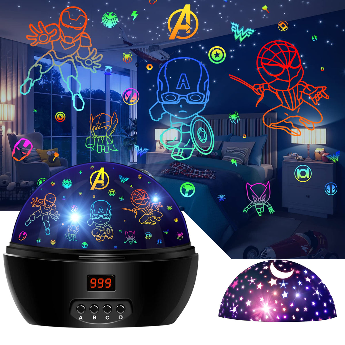 MOKOQI Kid Light Projector with Spider-Man figurine projects friendly bedtime scenes for kids