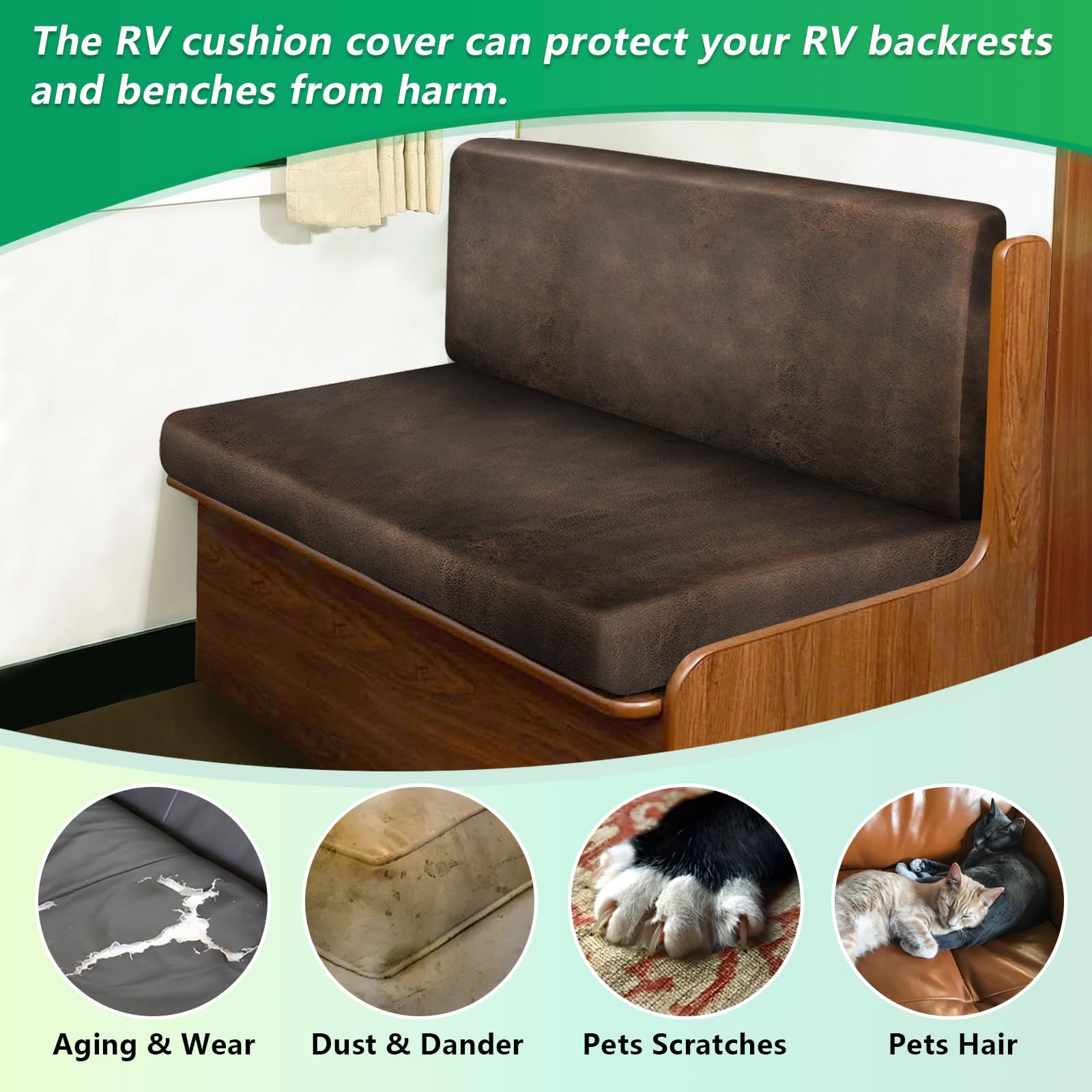 Molasofa leather-like RV cushion cover stretched to fit for a tidy RV look