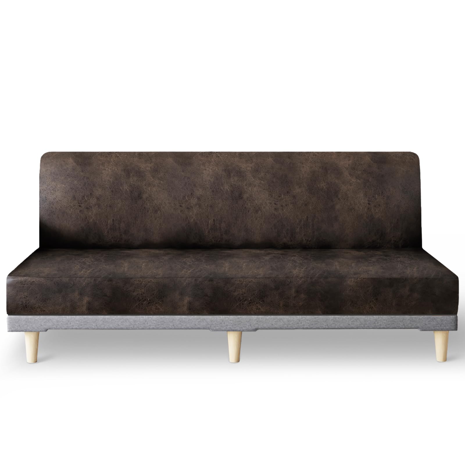 Molasofa leather-like stretch futon slipcover in dark brown protects and refreshes a sofa bed.