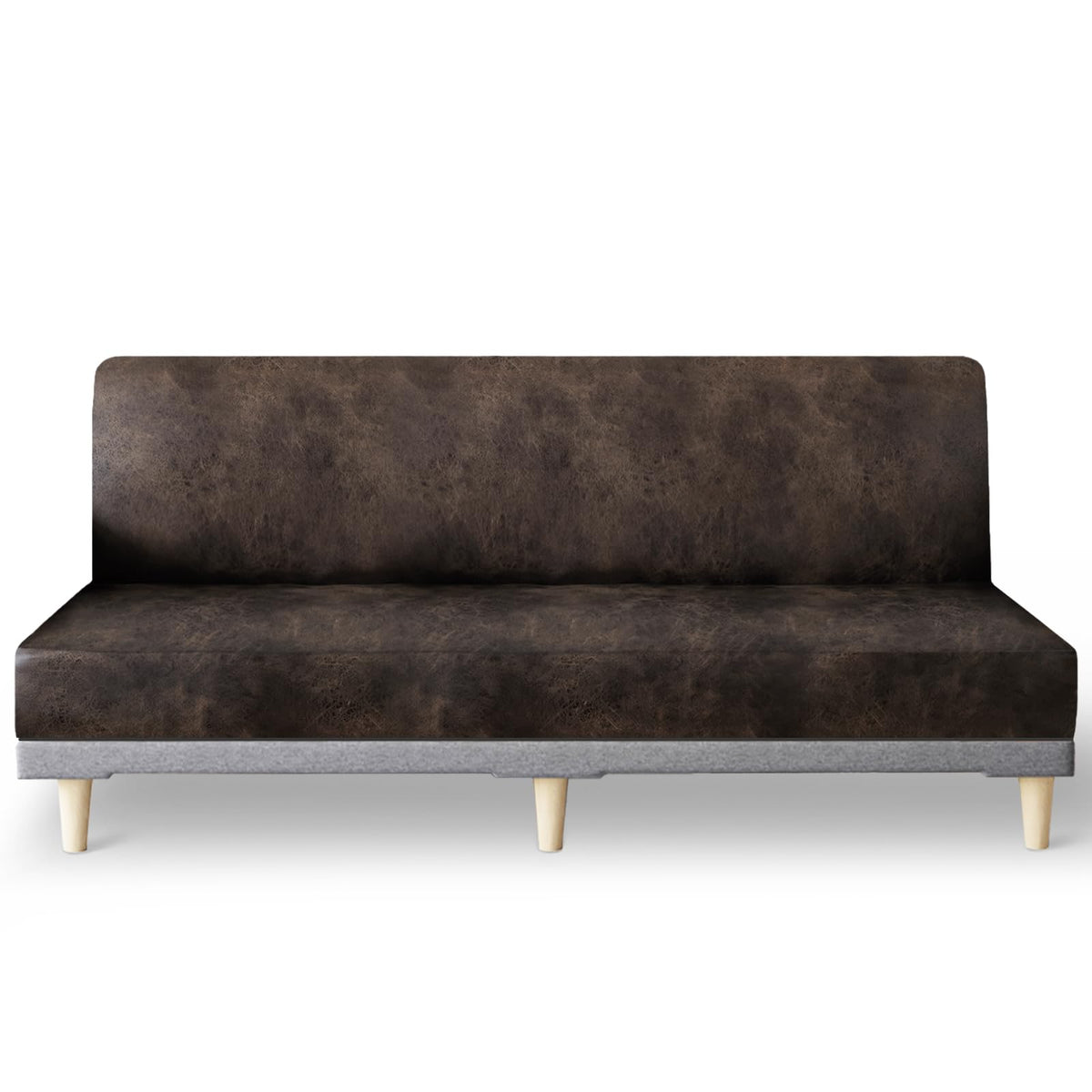 Molasofa leather-like stretch futon slipcover in dark brown protects and refreshes a sofa bed.