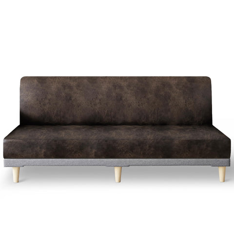 Molasofa leather-like stretch futon slipcover in dark brown protects and refreshes a sofa bed.