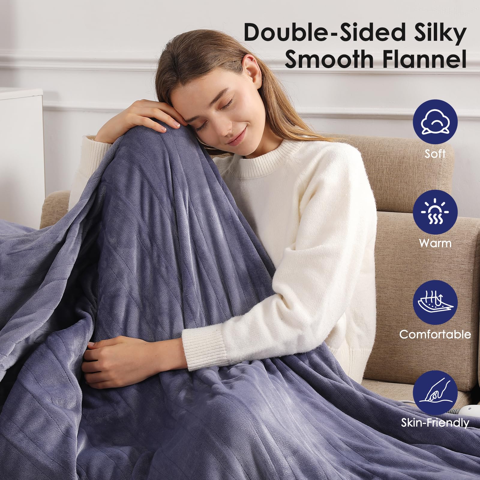 Molatink blanket with five heat settings shown on control panel.