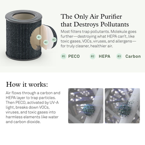 Molekule Mini high-efficiency filter captures 99.97% particles for cleaner air.