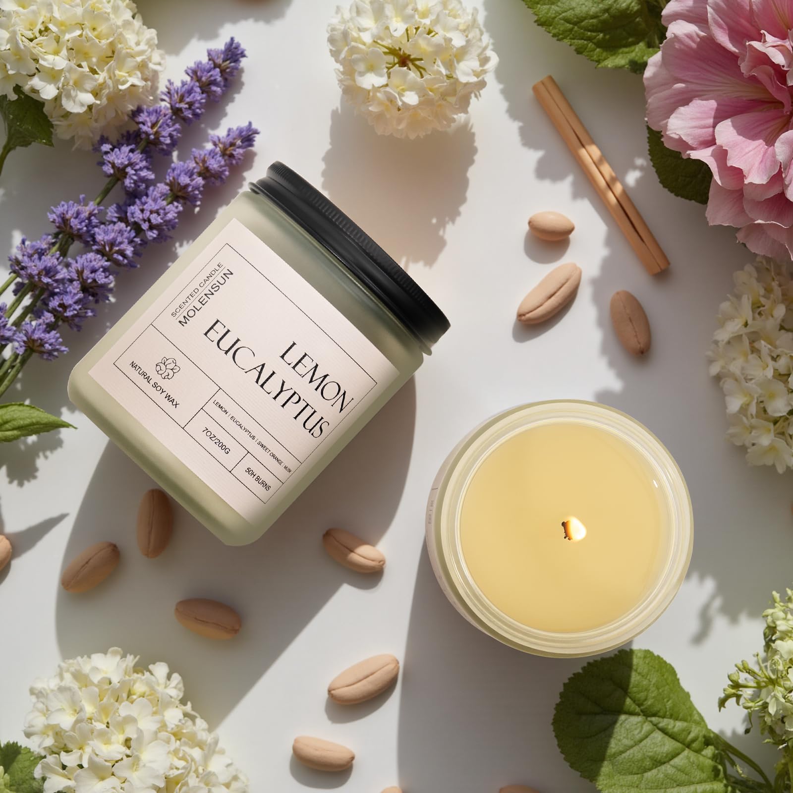Molensun candle lit to evoke a tranquil relaxation in a living room.