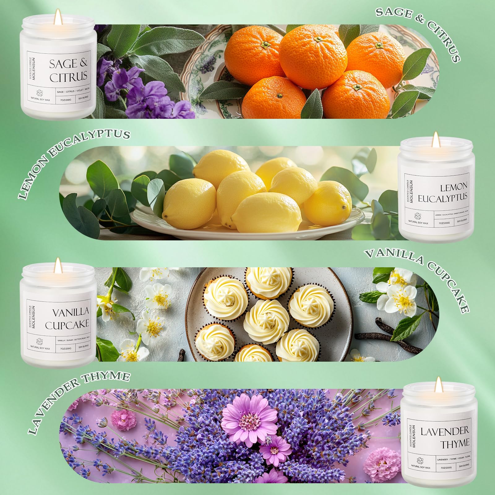 Molensun Lemon Eucalyptus candle jar delivers bright citrus fragrance.