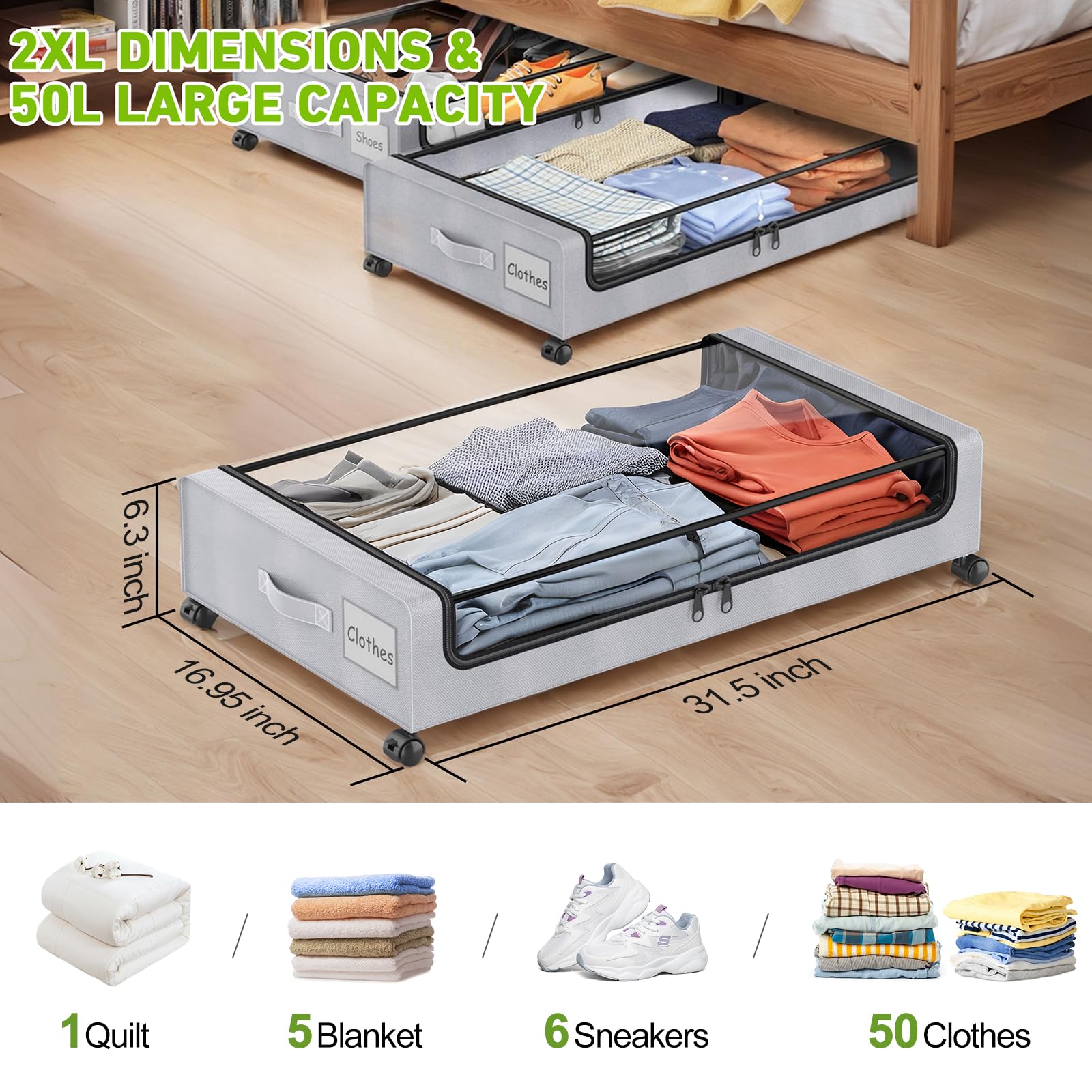 Molutsody under-bed storage with clear lids keeps items dust-free.