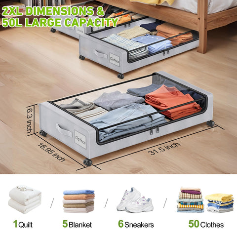 Molutsody under-bed storage with clear lids keeps items dust-free.