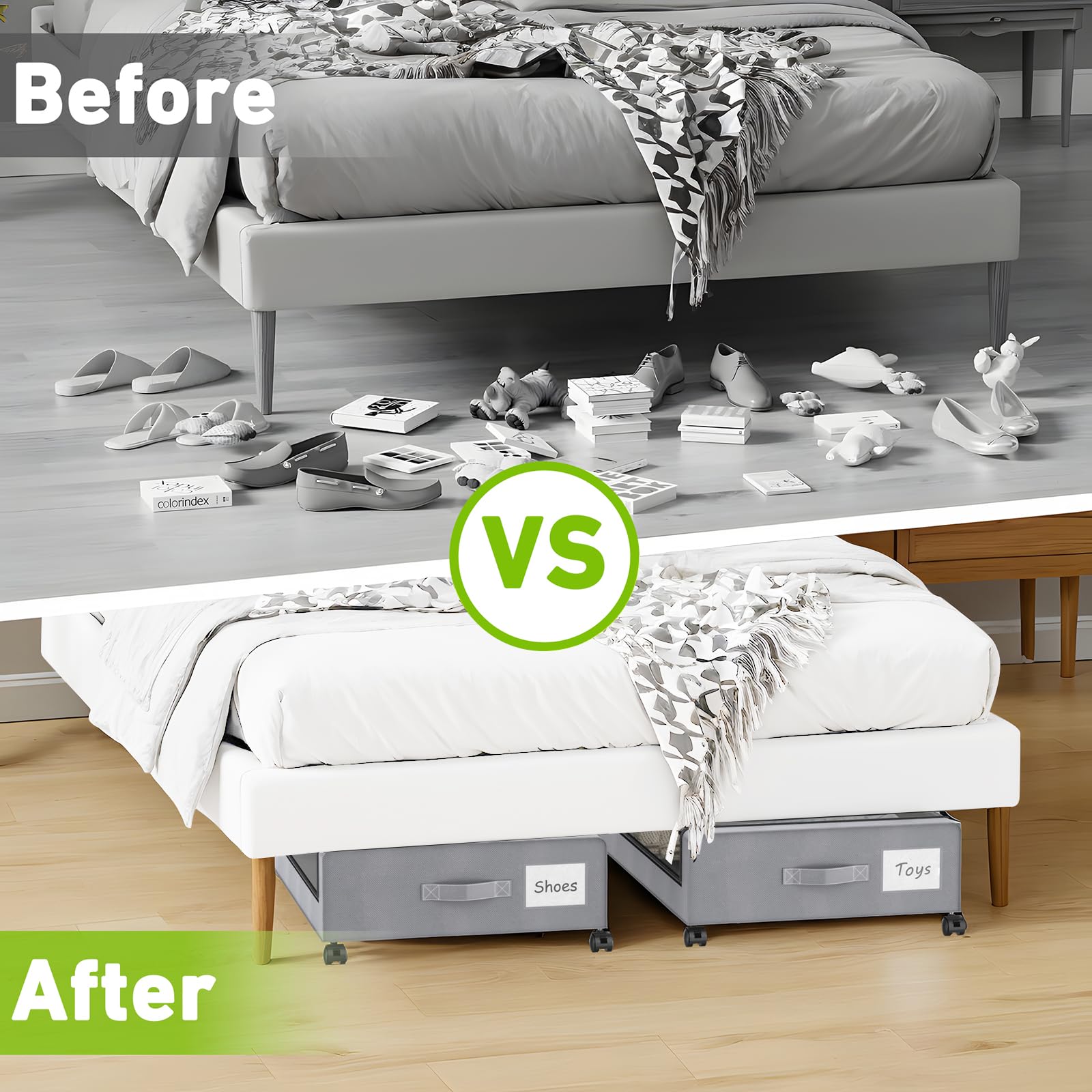 Molutsody multi-use bin adapts for clothes, bedding, toys.