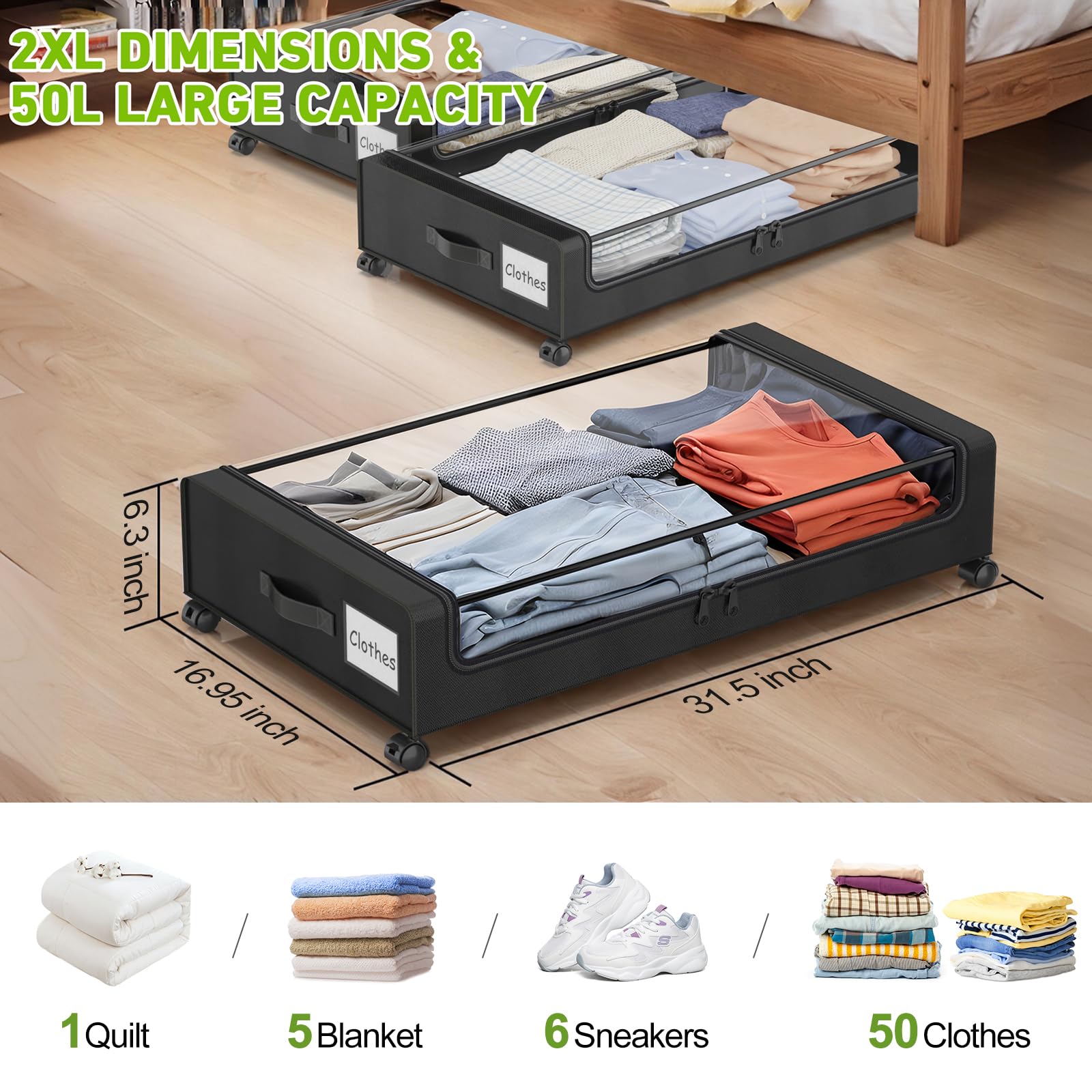 Molutsody under-bed storage with clear window shows contents at a glance.