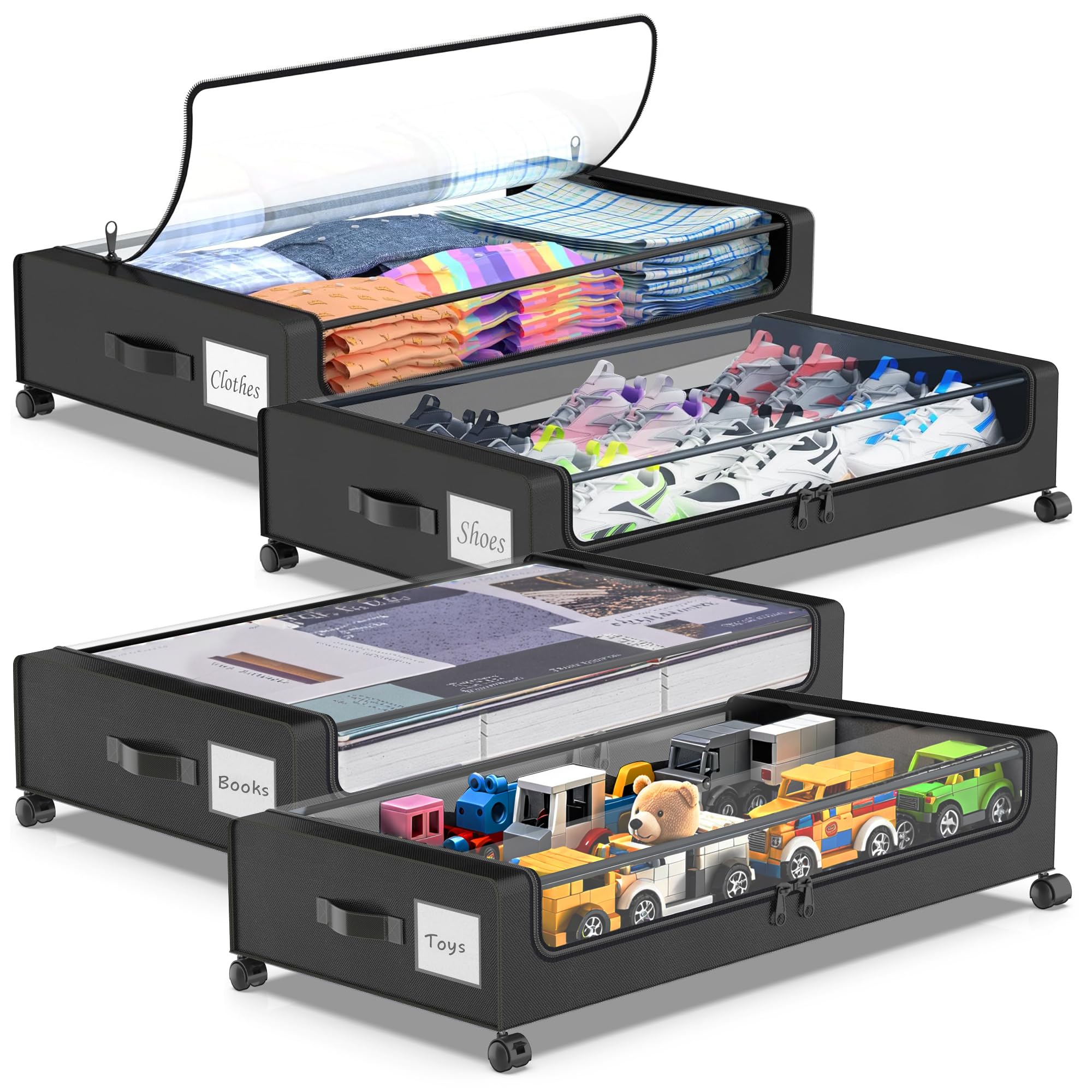 Molutsody under-bed storage with wheels and closed lid keeps clutter neatly tucked away.