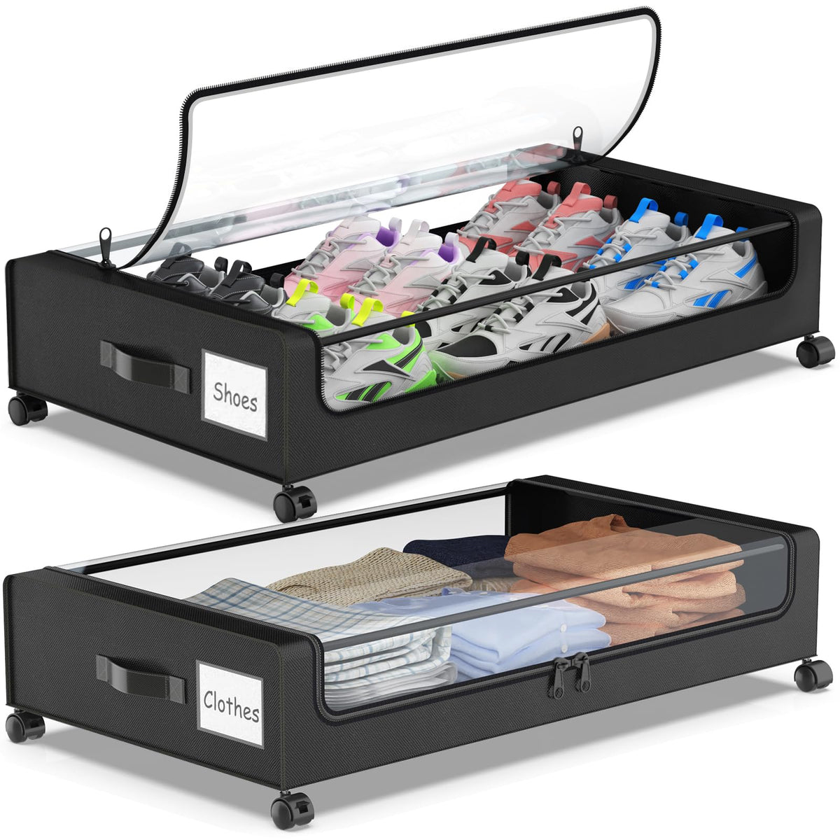 Molutsody underbed storage with wheels, front view, easy access.