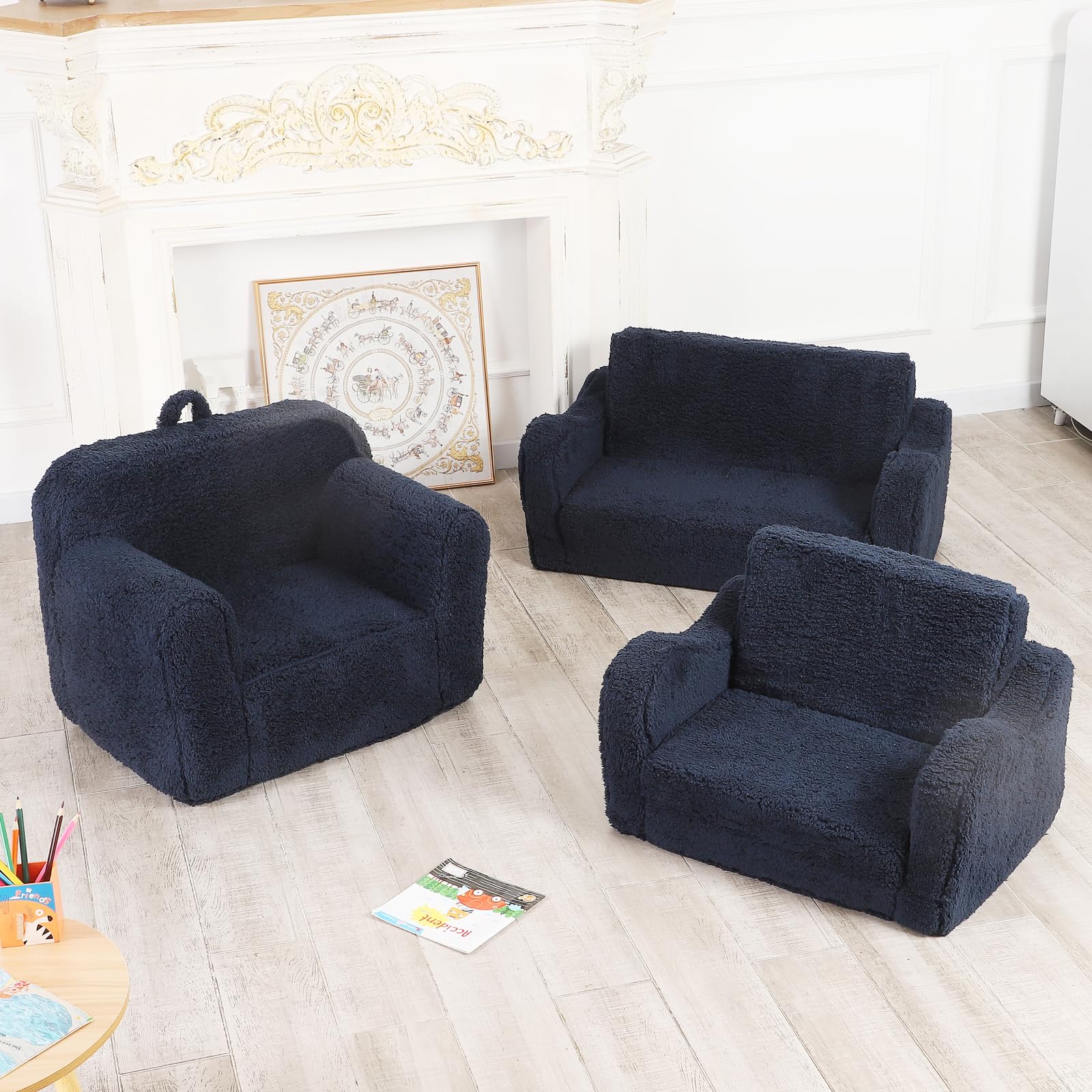 MOMCAYWEX Kids Snuggly-Soft Sherpa Chair dark blue detail, stylish and kid-friendly