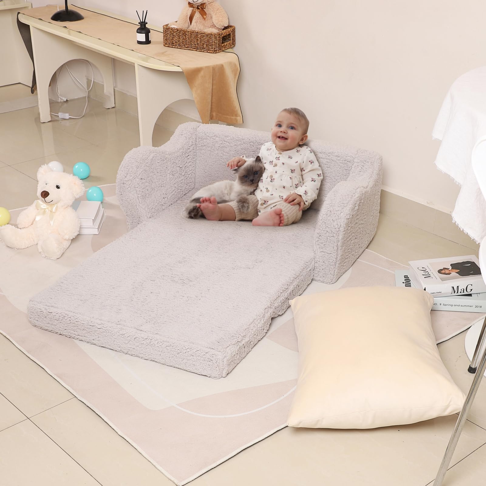 MOMCAYWEX Kids Sofa grey tone blends with any kid-friendly decor