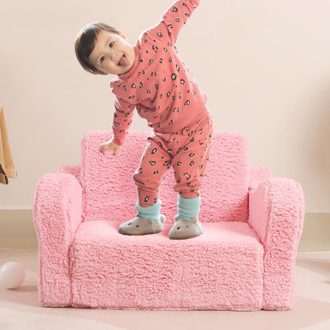 MOMCAYWEX Kids Sofa pink color complements kid-friendly rooms beautifully.