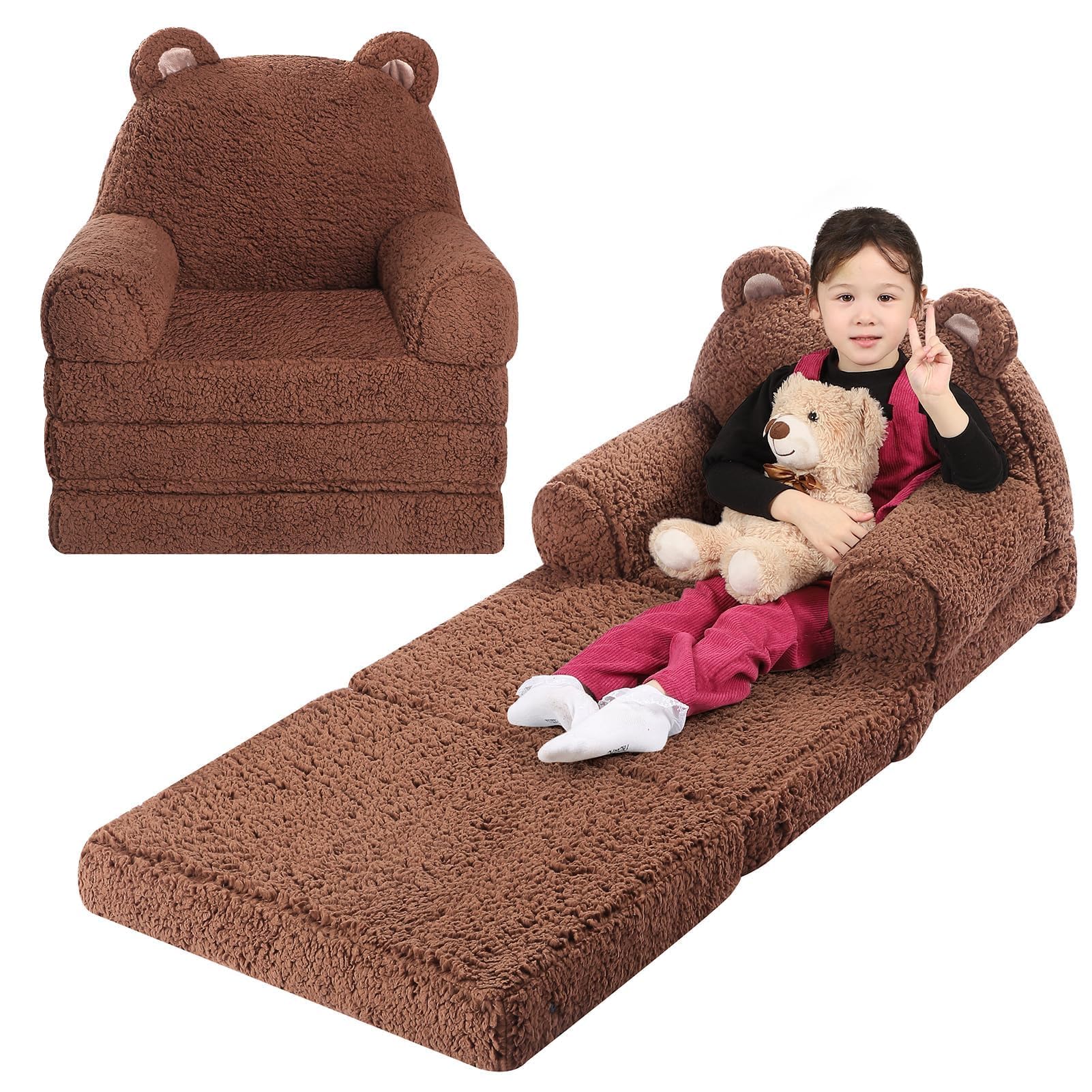 MOMCAYWEX Kids Sofa with sherpa brown cover offers cozy seating for playtime.
