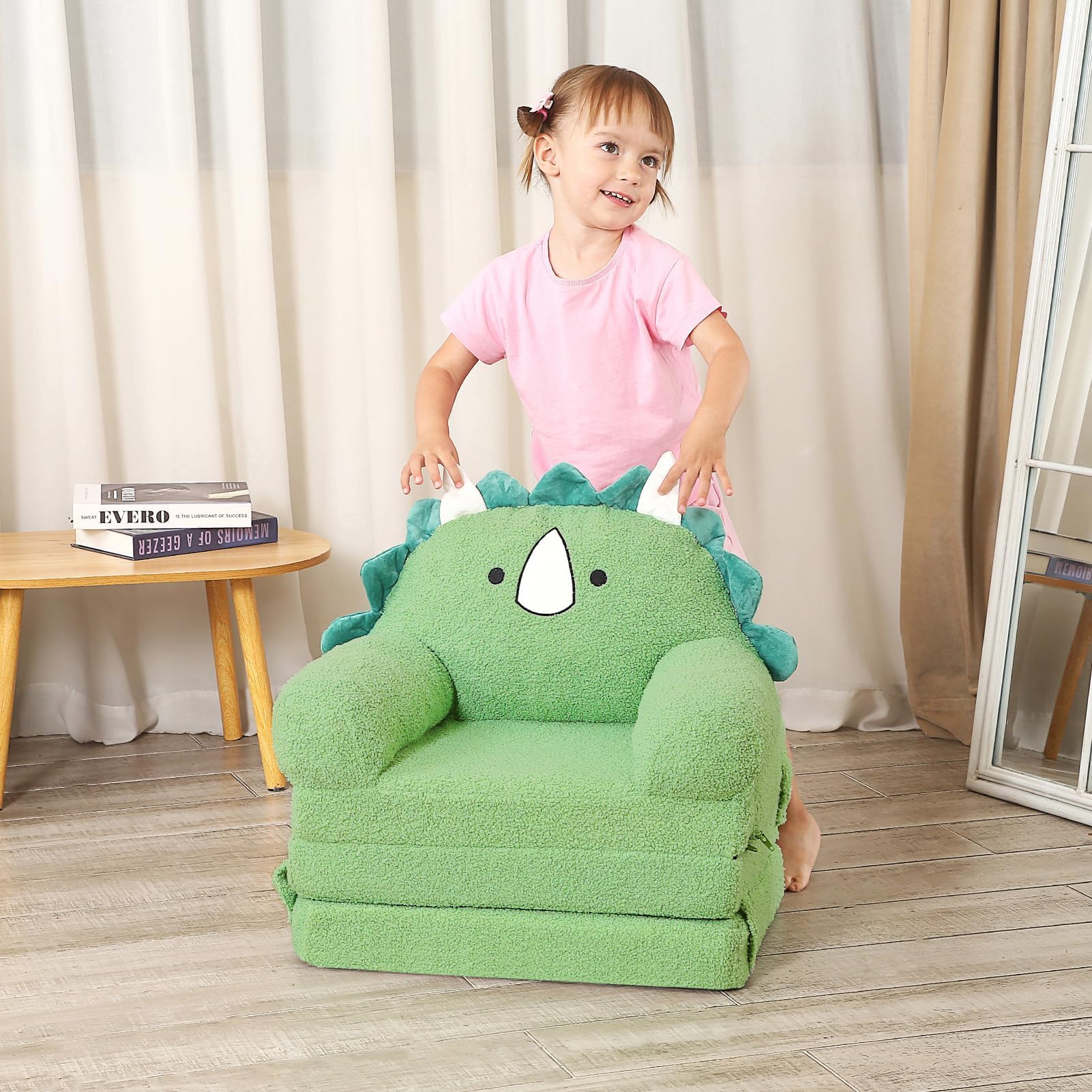 MOMCAYWEX Kids Sofa featuring triceratops fabric for playful durability.