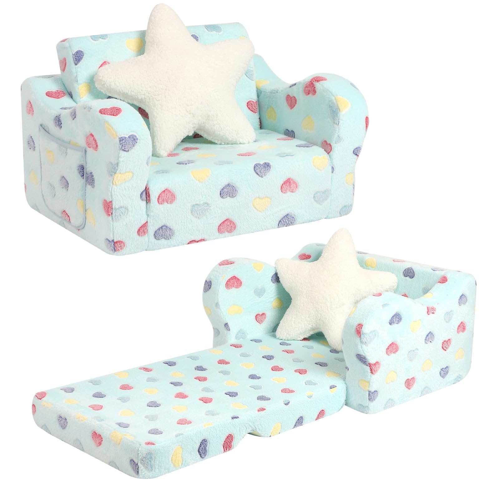 MOMCAYWEX toddler couch with star pillow for cozy reading and screen time.