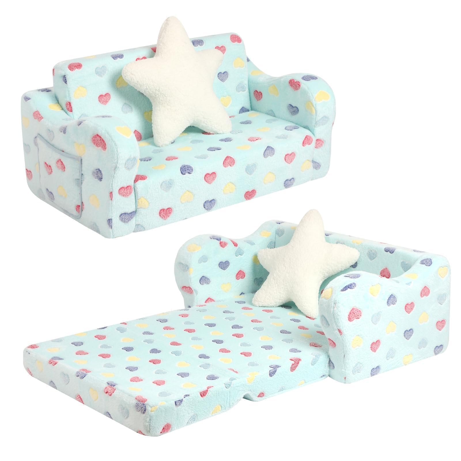 MOMCAYWEX toddler couch with star pillow for cozy reading and lounging.