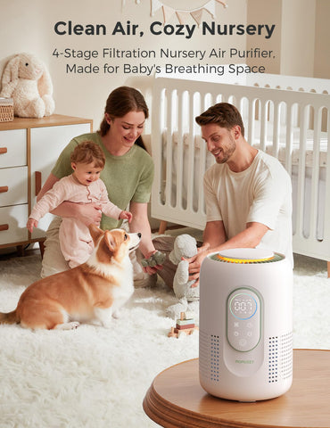 Momcozy Air Purifier with dimmable night light for soft night visibility.