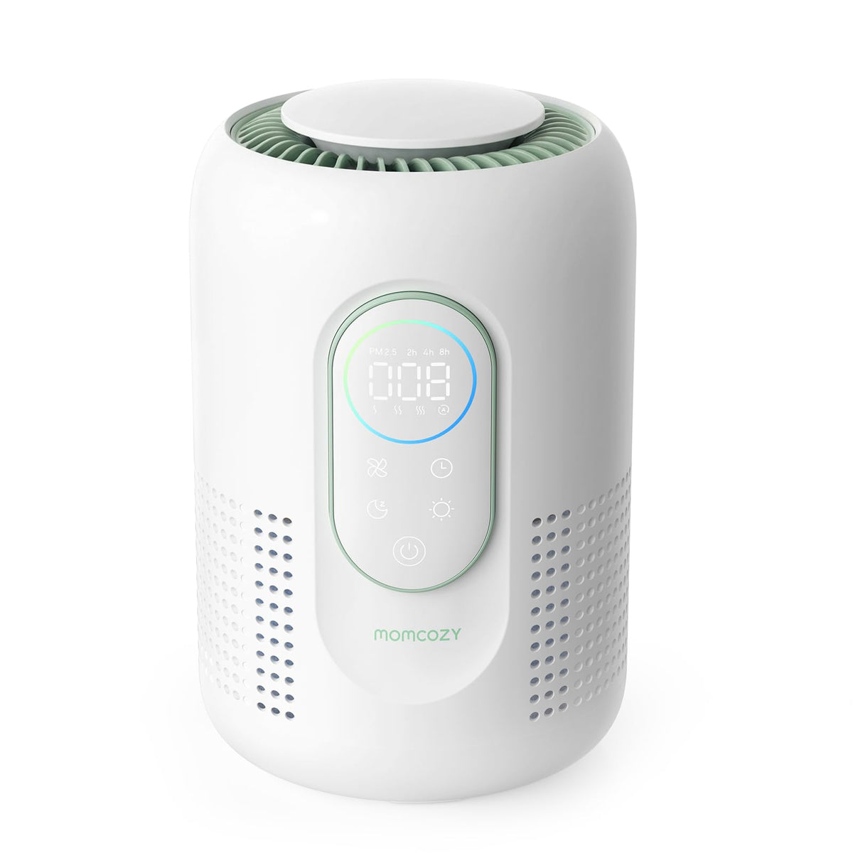 Momcozy Air Purifier in sleep mode creates a quiet nursery atmosphere.