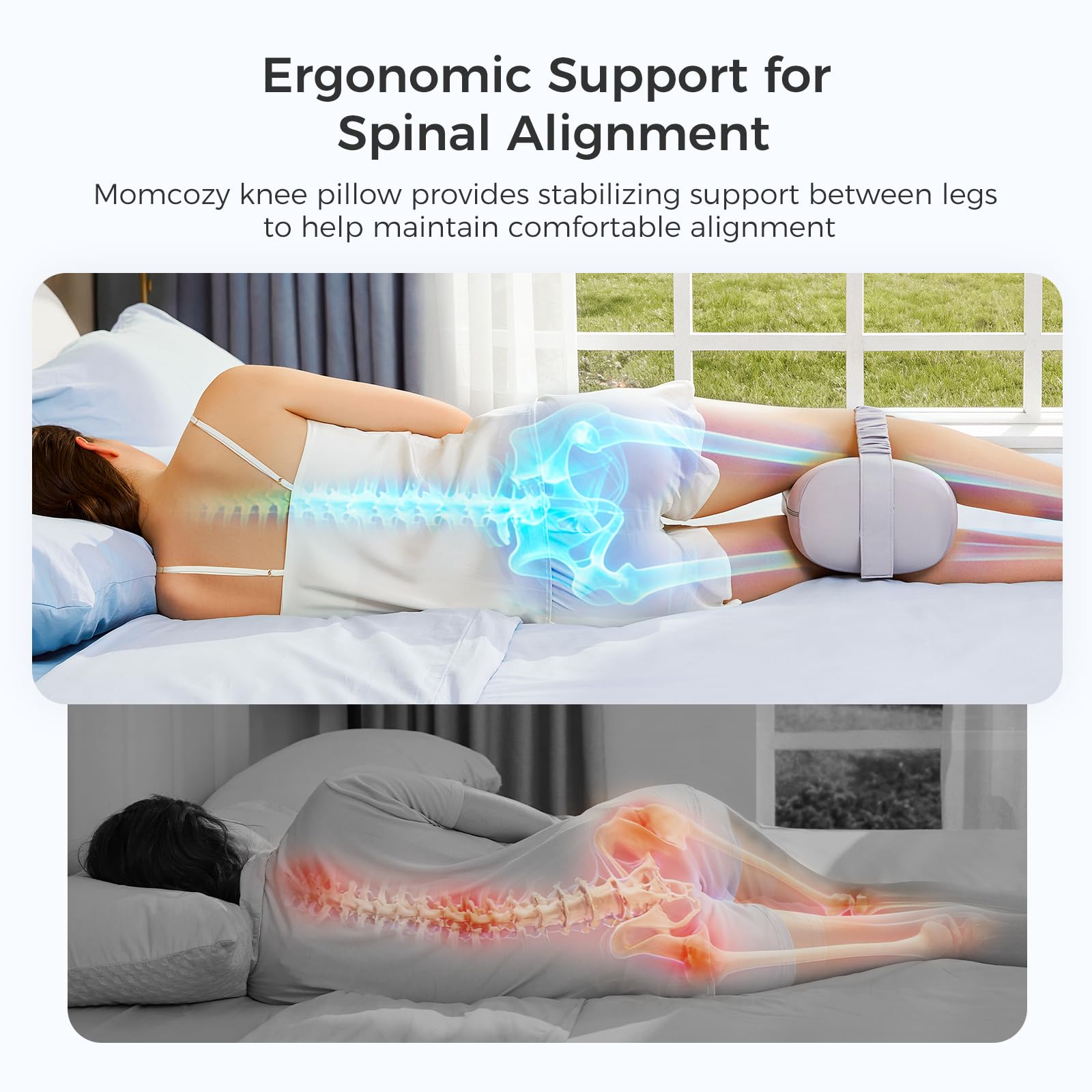 Momcozy knee pillow adjustable strap keeps alignment all night.