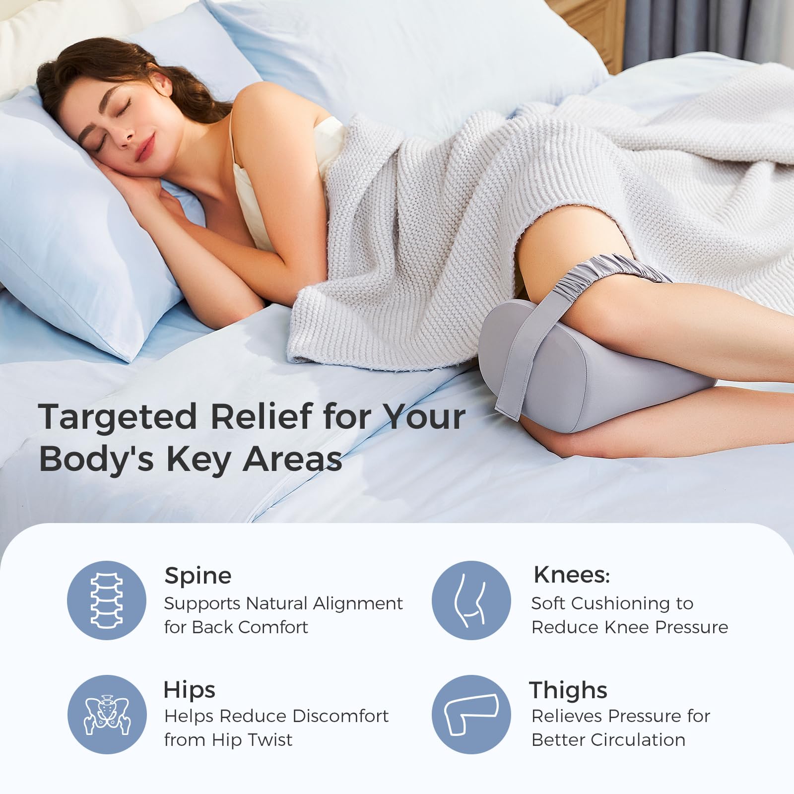 Momcozy knee pillow memory foam curve contours the legs for gentle elevation.