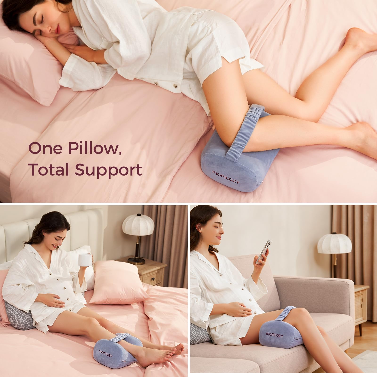 Momcozy knee pillow suits pregnancy and seniors for everyday comfort.