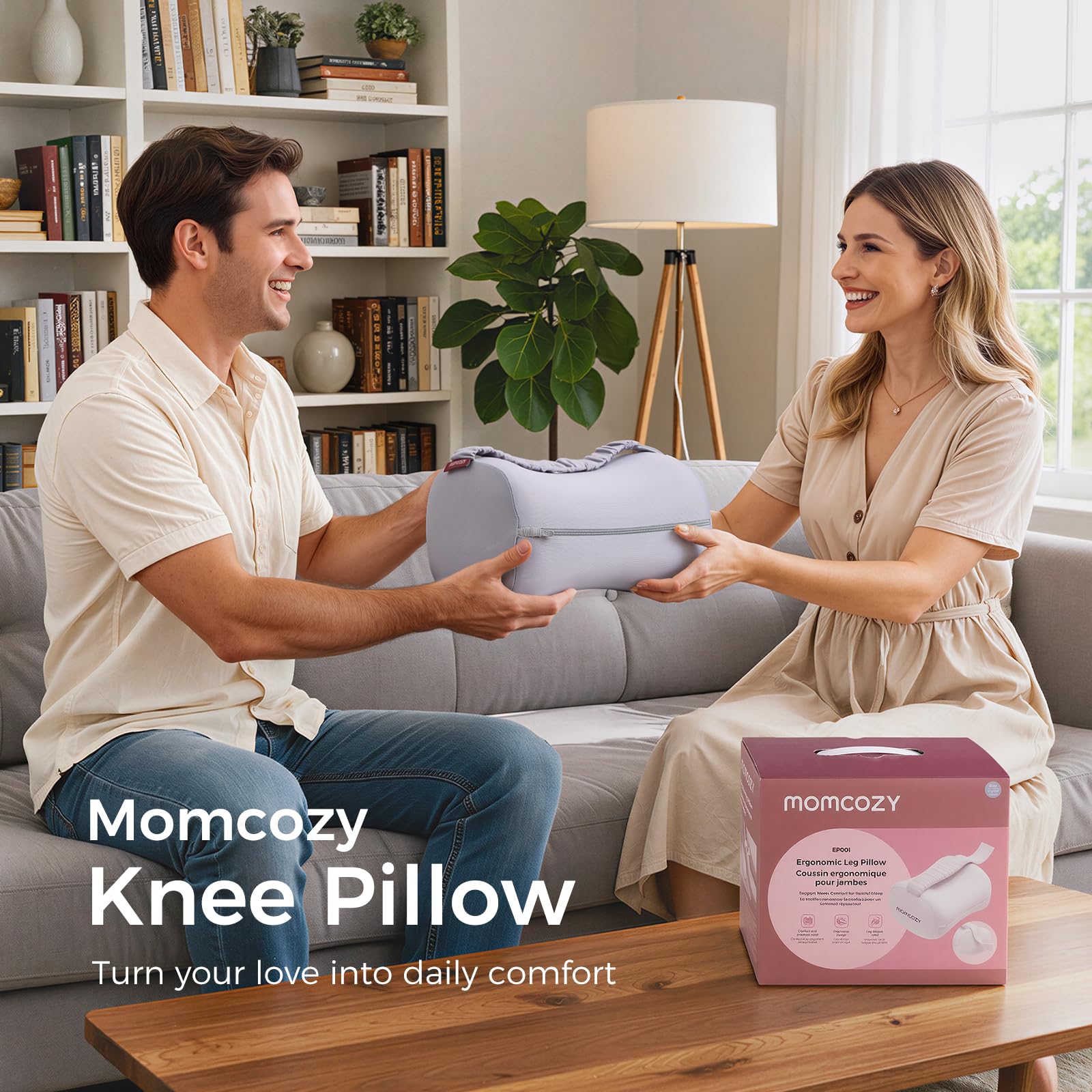 Momcozy knee pillow portable travel companion for car and hotel stays.