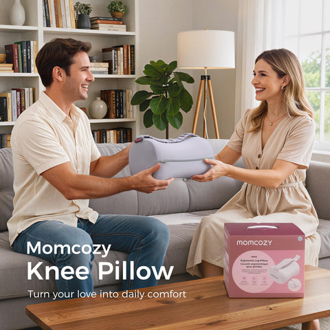 Momcozy knee pillow portable travel companion for car and hotel stays.