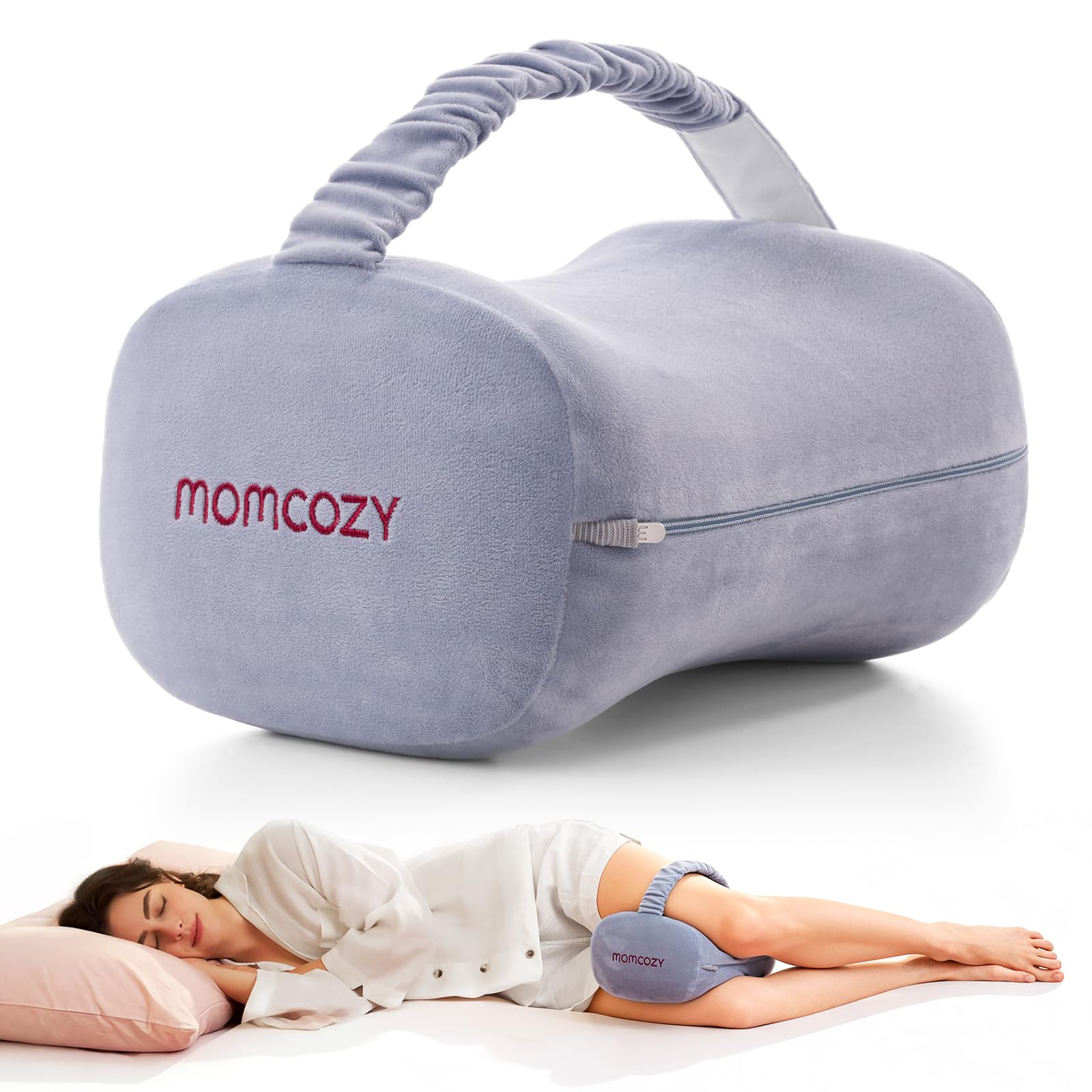 Momcozy knee pillow for side sleepers with side-lying alignment support.
