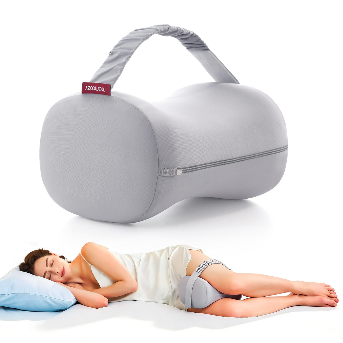Momcozy knee pillow side sleeping setup provides targeted support for better spinal alignment.