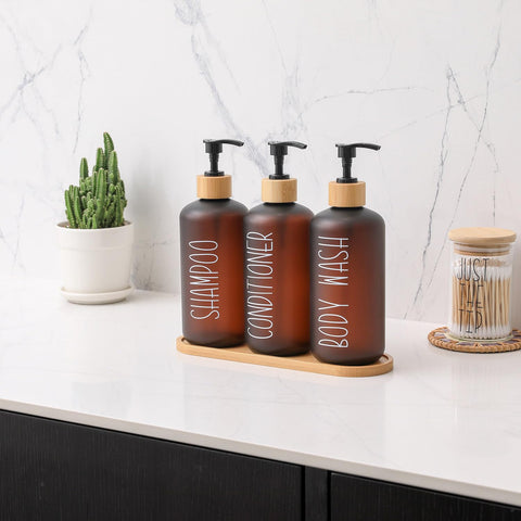 MOMEEMO Amber bamboo tray complements the set while organizing essentials.