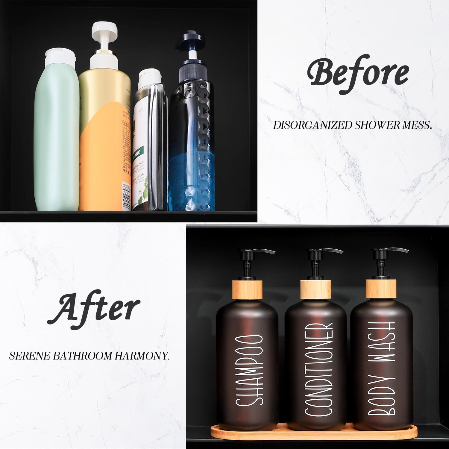 MOMEEMO Amber organizer for apothecary jars and bath products.