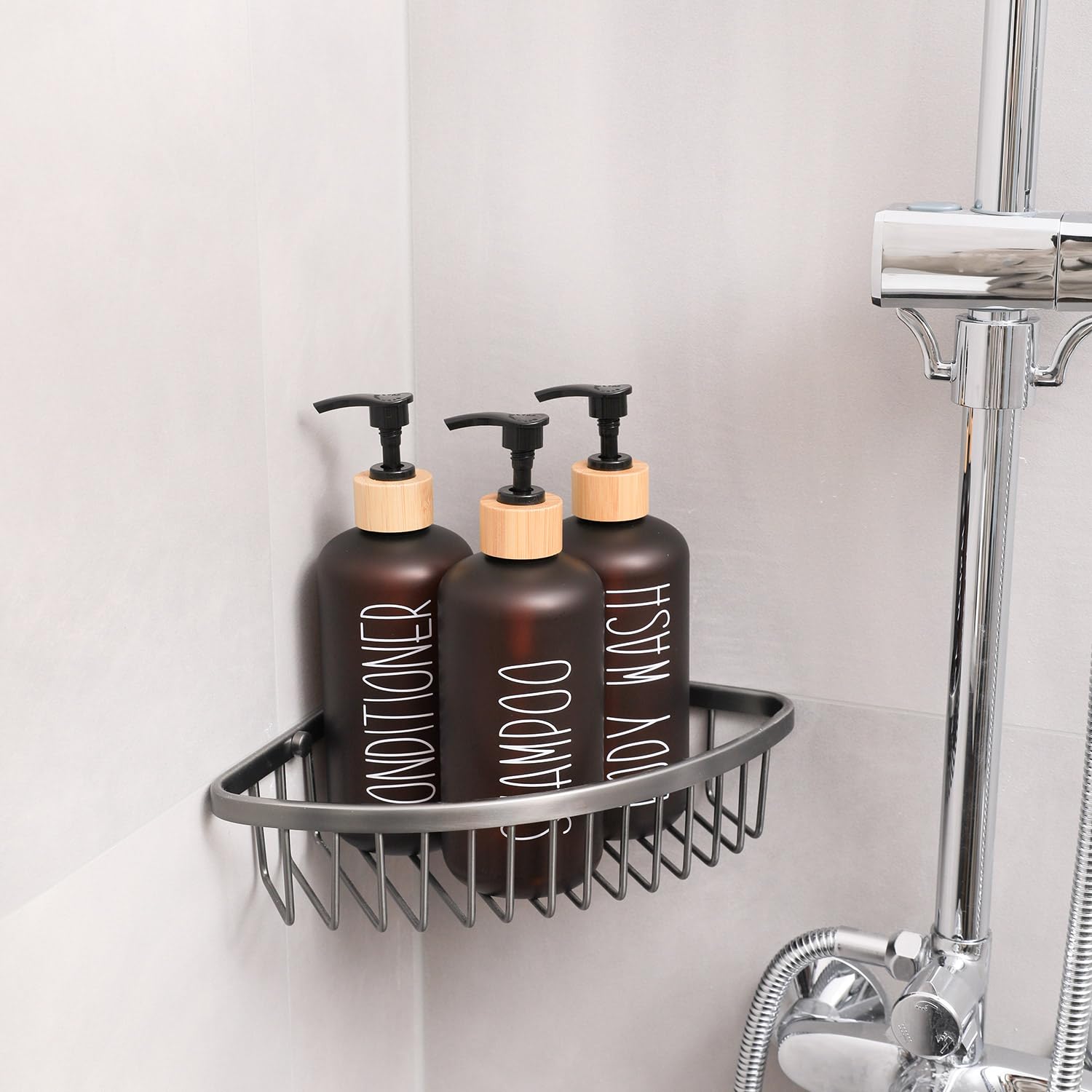 MOMEEMO Amber bathroom decor setup adds style and order to your shower.