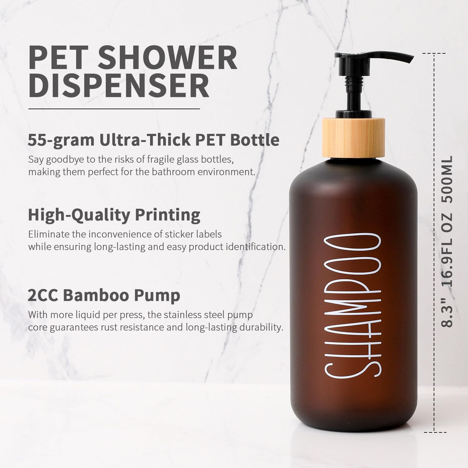 MOMEEMO Amber labeled bottles for easy identification of shampoo, conditioner, and body wash.