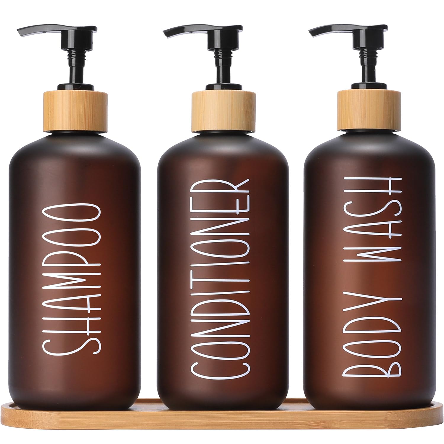 MOMEEMO Amber shower dispenser set with triple bottles for organized bathroom storage.