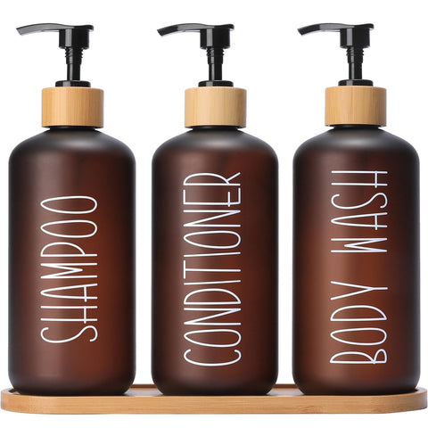 MOMEEMO Amber shower dispenser set with triple bottles for organized bathroom storage.