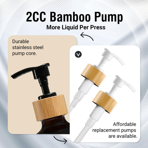 MOMEEMO farmhouse bathroom decor featuring glass dispenser with natural bamboo elements.